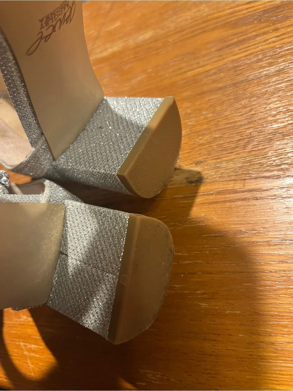 Jewel Badgley Mischka Silver Sparkle Ankle Strap Bradley Sandal Heels SZ 6